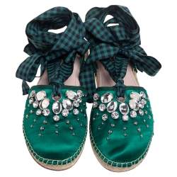 Pre Owned  Miu Miu Green Satin Crystals Ankle Wrap Espadrille Flats Size 40