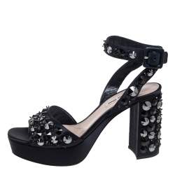 Miu Miu Dark Blue Satin Embellished Platform Ankle Strap Sandals Size 39.5