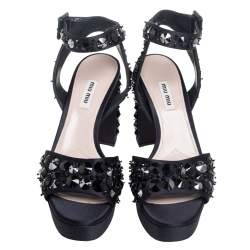 Miu Miu Dark Blue Satin Embellished Platform Ankle Strap Sandals Size 39.5