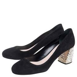 Pre Owned حذاء كعب عالي ميو ميو كعب عريض كريستال سويدي أسود مقاس 38.5