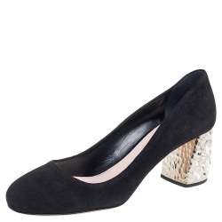 Pre Owned حذاء كعب عالي ميو ميو كعب عريض كريستال سويدي أسود مقاس 38.5