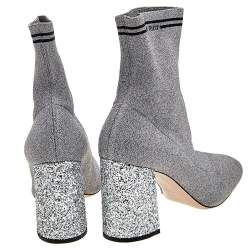 مملوكة مسبقًا Miu Miu Silver Metallic Lurex Fabric Sock And Glitter Block Heel Ankle Boots Size 38.5