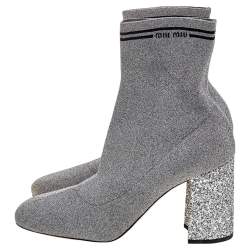 مملوكة مسبقًا Miu Miu Silver Metallic Lurex Fabric Sock And Glitter Block Heel Ankle Boots Size 38.5