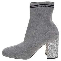 مملوكة مسبقًا Miu Miu Silver Metallic Lurex Fabric Sock And Glitter Block Heel Ankle Boots Size 38.5