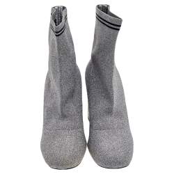 مملوكة مسبقًا Miu Miu Silver Metallic Lurex Fabric Sock And Glitter Block Heel Ankle Boots Size 38.5