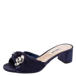 Miu Miu Navy Blue Satin and Knotted Fabric Crystal Embellished Slide Sandals Size 38