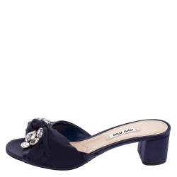 Miu Miu Navy Blue Satin and Knotted Fabric Crystal Embellished Slide Sandals Size 38
