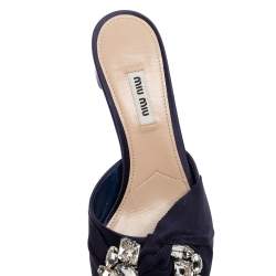 Miu Miu Navy Blue Satin and Knotted Fabric Crystal Embellished Slide Sandals Size 38