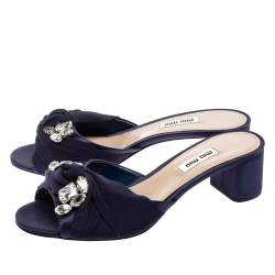 Miu Miu Navy Blue Satin and Knotted Fabric Crystal Embellished Slide Sandals Size 38