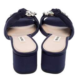 Miu Miu Navy Blue Satin and Knotted Fabric Crystal Embellished Slide Sandals Size 38