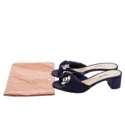 Miu Miu Navy Blue Satin and Knotted Fabric Crystal Embellished Slide Sandals Size 38