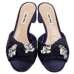 Miu Miu Navy Blue Satin and Knotted Fabric Crystal Embellished Slide Sandals Size 38