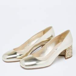 Pre Owned Miu Miu Dull Gold Patent Leather Glitter Heel Round-Toe Pumps Size 37