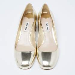 Pre Owned Miu Miu Dull Gold Patent Leather Glitter Heel Round-Toe Pumps Size 37