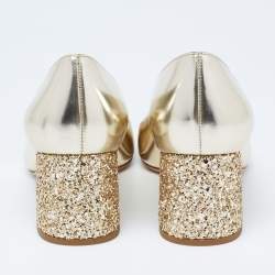 Pre Owned Miu Miu Dull Gold Patent Leather Glitter Heel Round-Toe Pumps Size 37