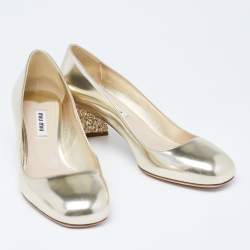 Pre Owned Miu Miu Dull Gold Patent Leather Glitter Heel Round-Toe Pumps Size 37