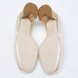 Pre Owned Miu Miu Dull Gold Patent Leather Glitter Heel Round-Toe Pumps Size 37