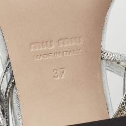 Miu Miu Silver Crystal Embellished Leather Studded Block Heel Sandals Size 37