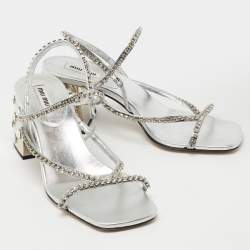 Miu Miu Silver Crystal Embellished Leather Studded Block Heel Sandals Size 37