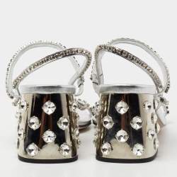 Miu Miu Silver Crystal Embellished Leather Studded Block Heel Sandals Size 37
