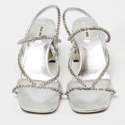 Miu Miu Silver Crystal Embellished Leather Studded Block Heel Sandals Size 37