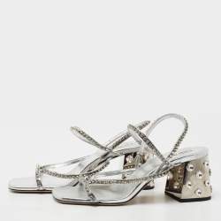 Miu Miu Silver Crystal Embellished Leather Studded Block Heel Sandals Size 37