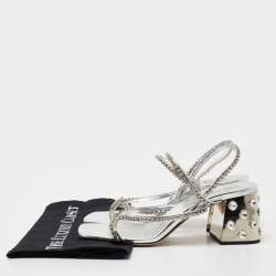 Miu Miu Silver Crystal Embellished Leather Studded Block Heel Sandals Size 37