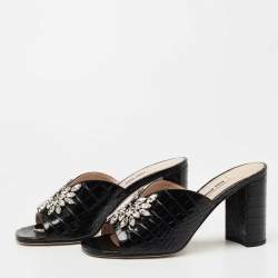 مملوكة مسبقًا Miu Miu Black Croc Embossed Leather Crystal Embellished  Slide Sandals Size 39