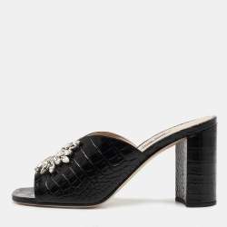 مملوكة مسبقًا Miu Miu Black Croc Embossed Leather Crystal Embellished  Slide Sandals Size 39