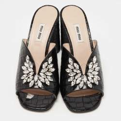 مملوكة مسبقًا Miu Miu Black Croc Embossed Leather Crystal Embellished  Slide Sandals Size 39