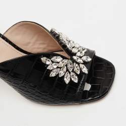 مملوكة مسبقًا Miu Miu Black Croc Embossed Leather Crystal Embellished  Slide Sandals Size 39