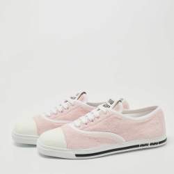 Miu Miu White/Pink Leather and Fabric Lace Up Sneakers Size 39.5