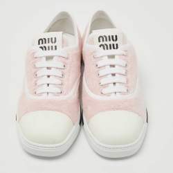 Miu Miu White/Pink Leather and Fabric Lace Up Sneakers Size 39.5