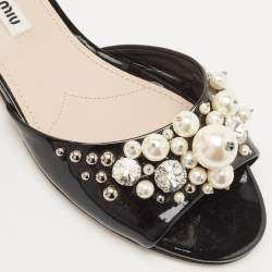 Pre Owned Miu Miu Black Patent Leather Embellished Slide Flats Size 36     