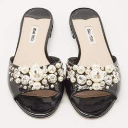 Pre Owned Miu Miu Black Patent Leather Embellished Slide Flats Size 36     