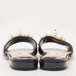 Pre Owned Miu Miu Black Patent Leather Embellished Slide Flats Size 36     