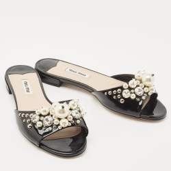 Pre Owned Miu Miu Black Patent Leather Embellished Slide Flats Size 36     
