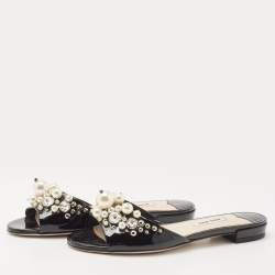 Pre Owned Miu Miu Black Patent Leather Embellished Slide Flats Size 36     