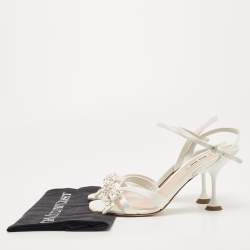 Pre Owned Miu Miu White Satin Beads Embellished Bow Ankle Strap Sandals Size 40