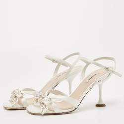 Pre Owned Miu Miu White Satin Beads Embellished Bow Ankle Strap Sandals Size 40