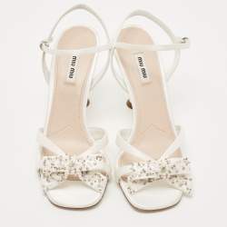Pre Owned Miu Miu White Satin Beads Embellished Bow Ankle Strap Sandals Size 40