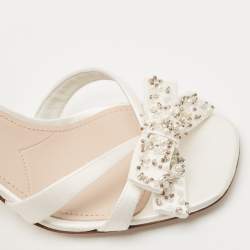 Pre Owned Miu Miu White Satin Beads Embellished Bow Ankle Strap Sandals Size 40