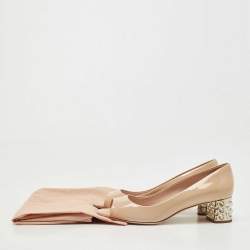 Pre Owned Miu Miu Beige Patent Leather Crystal Embellished Peep Toe Pumps Size 37