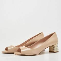 Pre Owned Miu Miu Beige Patent Leather Crystal Embellished Peep Toe Pumps Size 37