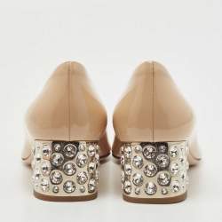 Pre Owned Miu Miu Beige Patent Leather Crystal Embellished Peep Toe Pumps Size 37
