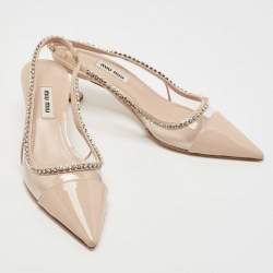 Pre Owned Miu Miu Beige Patent Leather and PVC Crystal Embellished Slingback Pumps Size 36.5