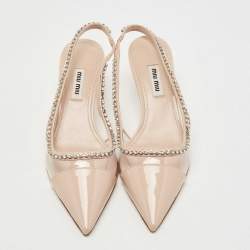 Pre Owned Miu Miu Beige Patent Leather and PVC Crystal Embellished Slingback Pumps Size 36.5