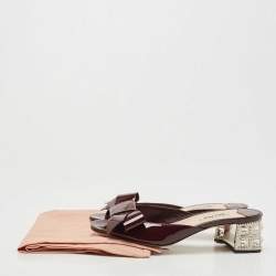 Miu Miu Burgundy Patent Leather Bow Crystal Embellished Block Heel Slide Sandals Size 37.5