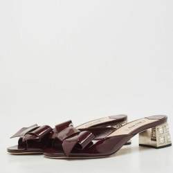 Miu Miu Burgundy Patent Leather Bow Crystal Embellished Block Heel Slide Sandals Size 37.5