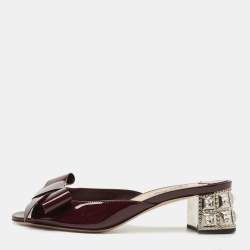 Miu Miu Burgundy Patent Leather Bow Crystal Embellished Block Heel Slide Sandals Size 37.5